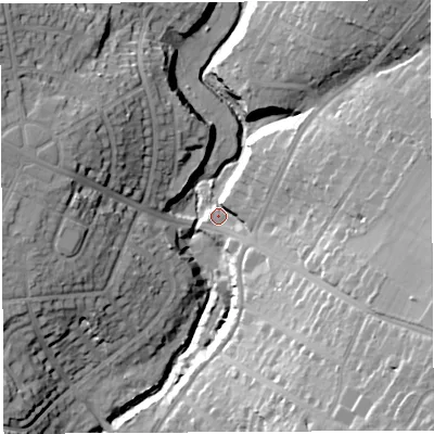 Shaded relief map of the ground around BS92DS, computed from Environment Agency LiDAR. The ground here sits at about 11 m above sea level and falls 33 m across the surrounding 800 m. Surface water reaching this point runs off ground lying to the east-south-east, 28.2 m higher.