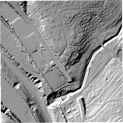 Shaded relief map of the ground around BS92HS, computed from Environment Agency LiDAR. The ground here sits at about 17 m above sea level and falls 38 m across the surrounding 800 m. Surface water reaching this point runs off ground lying to the north, 6.9 m higher.