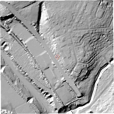 Shaded relief map of the ground around BS92HT, computed from Environment Agency LiDAR. The ground here sits at about 18 m above sea level and falls 34 m across the surrounding 800 m. Surface water reaching this point runs off ground lying to the north-east, 8.9 m higher.