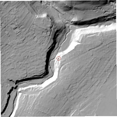 Shaded relief map of the ground around BS92RG, computed from Environment Agency LiDAR. The ground here sits at about 20 m above sea level and falls 47 m across the surrounding 800 m. Surface water reaching this point runs off ground lying to the east-north-east, 17.4 m higher.