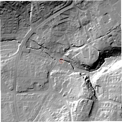 Shaded relief map of the ground around BS93EH, computed from Environment Agency LiDAR. The ground here sits at about 29 m above sea level and falls 40 m across the surrounding 800 m. Surface water reaching this point runs off ground lying to the south-east, 35.9 m higher.