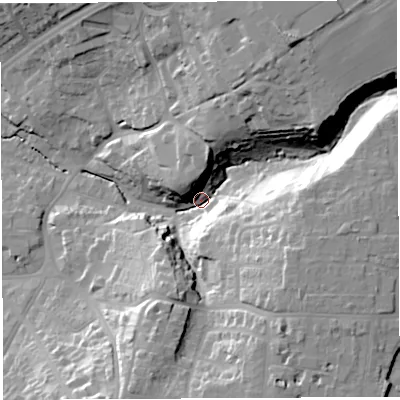 Shaded relief map of the ground around BS93ET, computed from Environment Agency LiDAR. The ground here sits at about 33 m above sea level and falls 38 m across the surrounding 800 m. Surface water reaching this point runs off ground lying to the north-north-east, 32.0 m higher.