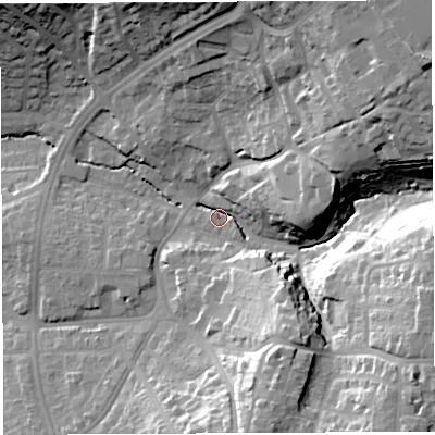 Shaded relief map of the ground around BS93EZ, computed from Environment Agency LiDAR. The ground here sits at about 30 m above sea level and falls 40 m across the surrounding 800 m. Surface water reaching this point runs off ground lying to the south-east, 35.7 m higher.