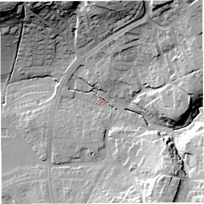 Shaded relief map of the ground around BS93HH, computed from Environment Agency LiDAR. The ground here sits at about 27 m above sea level and falls 43 m across the surrounding 800 m. Surface water reaching this point runs off ground lying to the north-east, 35.8 m higher.