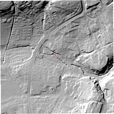 Shaded relief map of the ground around BS93HQ, computed from Environment Agency LiDAR. The ground here sits at about 28 m above sea level and falls 44 m across the surrounding 800 m. Surface water reaching this point runs off ground lying to the north-east, 36.7 m higher.