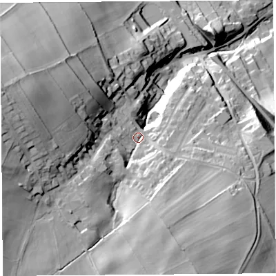 Shaded relief map of the ground around CA101AH, computed from Environment Agency LiDAR. The ground here sits at about 107 m above sea level and falls 61 m across the surrounding 800 m. Surface water reaching this point runs off ground lying to the south, 21.9 m higher.