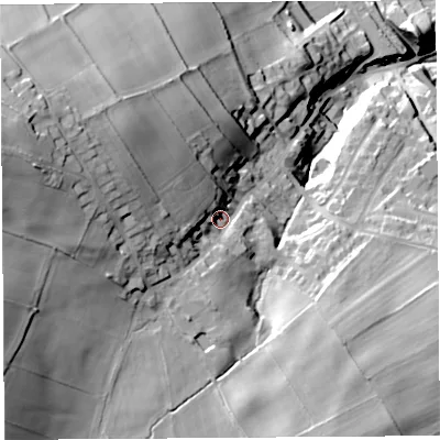Shaded relief map of the ground around CA101AJ, computed from Environment Agency LiDAR. The ground here sits at about 117 m above sea level and falls 65 m across the surrounding 800 m. Surface water reaching this point runs off ground lying to the west-north-west, 33.0 m higher.