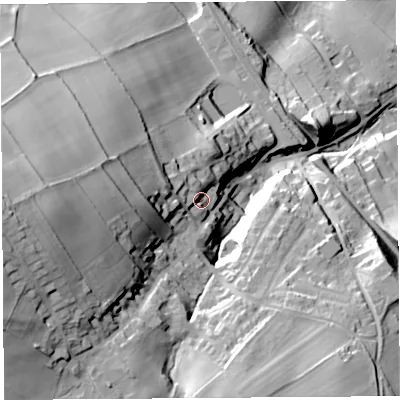 Shaded relief map of the ground around CA101AQ, computed from Environment Agency LiDAR. The ground here sits at about 104 m above sea level and falls 65 m across the surrounding 800 m. Surface water reaching this point runs off ground lying to the west, 26.7 m higher.