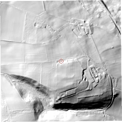 Shaded relief map of the ground around CA101BA, computed from Environment Agency LiDAR. The ground here sits at about 141 m above sea level and falls 65 m across the surrounding 800 m. Surface water reaching this point runs off ground lying to the west, 4.5 m higher.