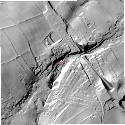 Shaded relief map of the ground around CA101BE, computed from Environment Agency LiDAR. The ground here sits at about 91 m above sea level and falls 66 m across the surrounding 800 m. Surface water reaching this point runs off ground lying to the west-south-west, 46.3 m higher.