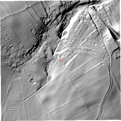 Shaded relief map of the ground around CA101BF, computed from Environment Agency LiDAR. The ground here sits at about 116 m above sea level and falls 58 m across the surrounding 800 m. Surface water reaching this point runs off ground lying to the south-south-east, 4.5 m higher.