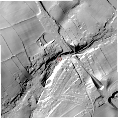 Shaded relief map of the ground around CA101BG, computed from Environment Agency LiDAR. The ground here sits at about 88 m above sea level and falls 64 m across the surrounding 800 m. Surface water reaching this point runs off ground lying to the west-south-west, 46.3 m higher.