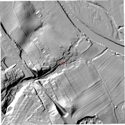 Shaded relief map of the ground around CA101BL, computed from Environment Agency LiDAR. The ground here sits at about 80 m above sea level and falls 43 m across the surrounding 800 m. Surface water reaching this point runs off ground lying to the south-west, 33.8 m higher.