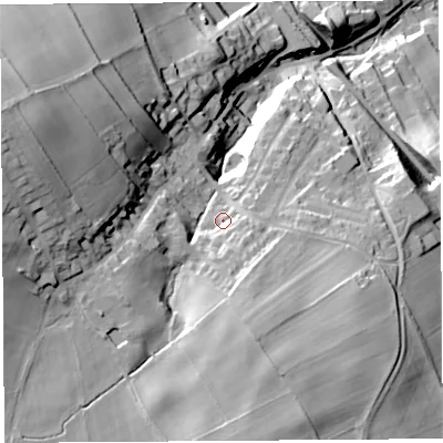 Shaded relief map of the ground around CA101BS, computed from Environment Agency LiDAR. The ground here sits at about 110 m above sea level and falls 61 m across the surrounding 800 m. Surface water reaching this point runs off ground lying to the south-south-east, 7.8 m higher.