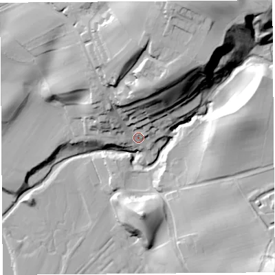 Shaded relief map of the ground around CA101DQ, computed from Environment Agency LiDAR. The ground here sits at about 85 m above sea level and falls 61 m across the surrounding 800 m. Surface water reaching this point runs off ground lying to the north-north-east, 47.7 m higher.
