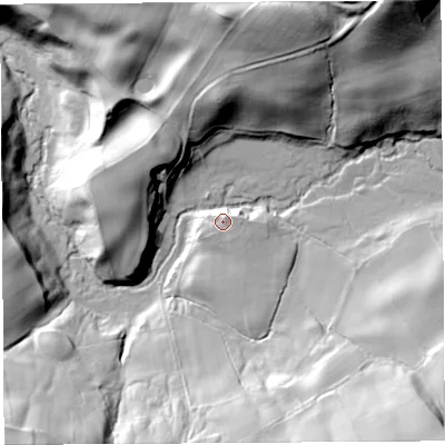 Shaded relief map of the ground around CA101DX, computed from Environment Agency LiDAR. The ground here sits at about 116 m above sea level and falls 62 m across the surrounding 800 m. Surface water reaching this point runs off ground lying to the east, 2.9 m higher.