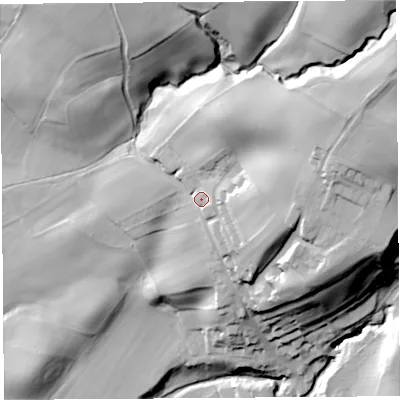 Shaded relief map of the ground around CA101EW, computed from Environment Agency LiDAR. The ground here sits at about 107 m above sea level and falls 64 m across the surrounding 800 m. Surface water reaching this point runs off ground lying to the east-north-east, 27.5 m higher.