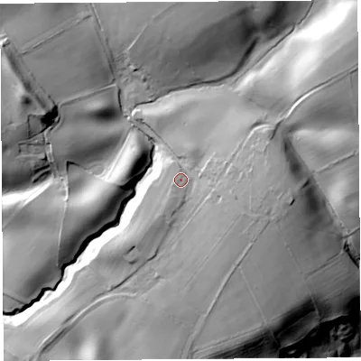 Shaded relief map of the ground around CA101EZ, computed from Environment Agency LiDAR. The ground here sits at about 150 m above sea level and falls 64 m across the surrounding 800 m. Surface water reaching this point runs off ground lying to the north, 1.0 m higher.