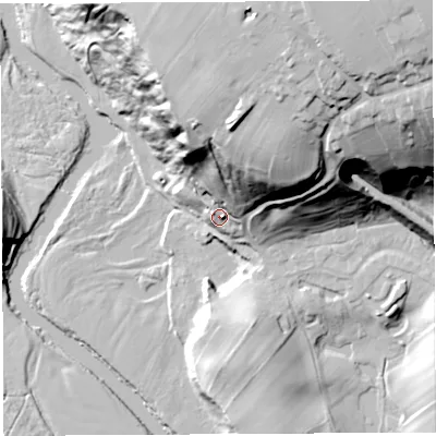 Shaded relief map of the ground around CA101FF, computed from Environment Agency LiDAR. The ground here sits at about 106 m above sea level and falls 67 m across the surrounding 800 m. Surface water reaching this point runs off ground lying to the north-north-east, 54.7 m higher.