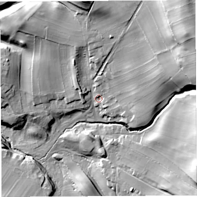 Shaded relief map of the ground around CA101HF, computed from Environment Agency LiDAR. The ground here sits at about 177 m above sea level and falls 56 m across the surrounding 800 m. Surface water reaching this point runs off ground lying to the east-north-east, 30.4 m higher.