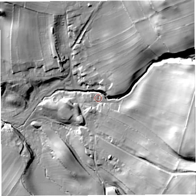Shaded relief map of the ground around CA101HJ, computed from Environment Agency LiDAR. The ground here sits at about 176 m above sea level and falls 55 m across the surrounding 800 m. Surface water reaching this point runs off ground lying to the east, 37.8 m higher.