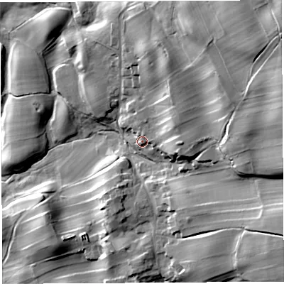 Shaded relief map of the ground around CA101HY, computed from Environment Agency LiDAR. The ground here sits at about 187 m above sea level and falls 49 m across the surrounding 800 m. Surface water reaching this point runs off ground lying to the north-east, 29.3 m higher.