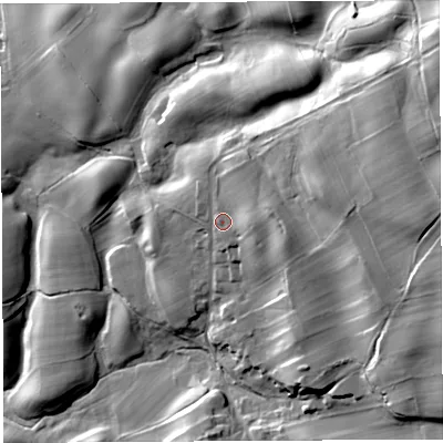 Shaded relief map of the ground around CA101JA, computed from Environment Agency LiDAR. The ground here sits at about 191 m above sea level and falls 46 m across the surrounding 800 m. Surface water reaching this point runs off ground lying to the east, 6.3 m higher.