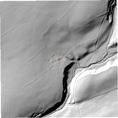 Shaded relief map of the ground around CA101JH, computed from Environment Agency LiDAR. The ground here sits at about 185 m above sea level and falls 68 m across the surrounding 800 m. Surface water reaching this point runs off ground lying to the north-west, 38.3 m higher.