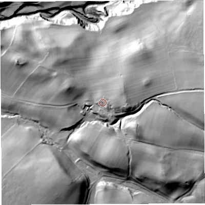 Shaded relief map of the ground around CA101JZ, computed from Environment Agency LiDAR. The ground here sits at about 245 m above sea level and falls 75 m across the surrounding 800 m. Surface water reaching this point runs off ground lying to the east, 12.0 m higher.
