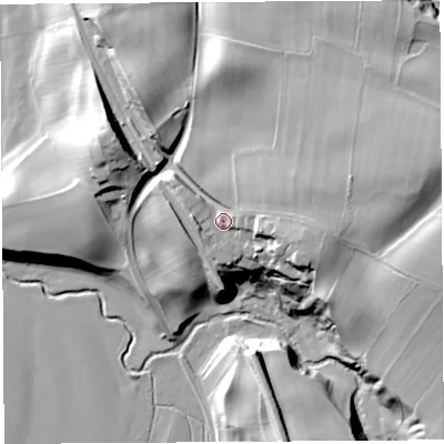Shaded relief map of the ground around CA101NJ, computed from Environment Agency LiDAR. The ground here sits at about 102 m above sea level and falls 38 m across the surrounding 800 m. Surface water reaching this point runs off ground lying to the east, 10.1 m higher.