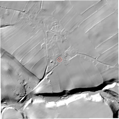 Shaded relief map of the ground around CA101QA, computed from Environment Agency LiDAR. The ground here sits at about 176 m above sea level and falls 48 m across the surrounding 800 m. Surface water reaching this point runs off ground lying to the north-north-west, 1.1 m higher.
