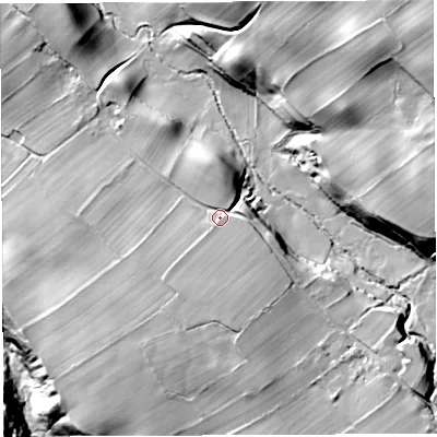 Shaded relief map of the ground around CA101QB, computed from Environment Agency LiDAR. The ground here sits at about 206 m above sea level and falls 68 m across the surrounding 800 m. Surface water reaching this point runs off ground lying to the east-south-east, 2.6 m higher.