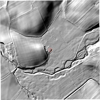Shaded relief map of the ground around CA101QD, computed from Environment Agency LiDAR. The ground here sits at about 101 m above sea level and falls 26 m across the surrounding 800 m. Surface water reaching this point runs off ground lying to the west-south-west, 6.1 m higher.