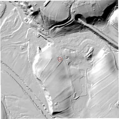 Shaded relief map of the ground around CA101QE, computed from Environment Agency LiDAR. The ground here sits at about 104 m above sea level and falls 59 m across the surrounding 800 m. Surface water reaching this point runs off ground lying to the west-south-west, 6.4 m higher.
