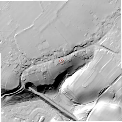 Shaded relief map of the ground around CA101QW, computed from Environment Agency LiDAR. The ground here sits at about 151 m above sea level and falls 57 m across the surrounding 800 m. Surface water reaching this point runs off ground lying to the north-north-west, 5.3 m higher.