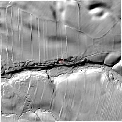 Shaded relief map of the ground around CA101RL, computed from Environment Agency LiDAR. The ground here sits at about 151 m above sea level and falls 39 m across the surrounding 800 m. Surface water reaching this point runs off ground lying to the north-east, 8.5 m higher.