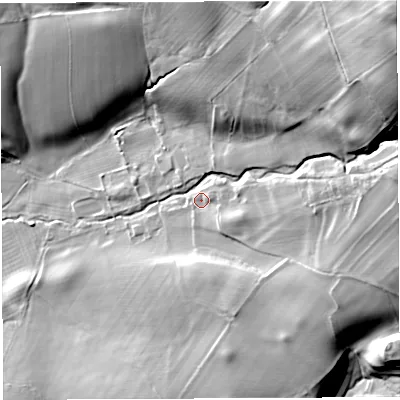 Shaded relief map of the ground around CA101RN, computed from Environment Agency LiDAR. The ground here sits at about 208 m above sea level and falls 78 m across the surrounding 800 m. Surface water reaching this point runs off ground lying to the north-east, 58.4 m higher.