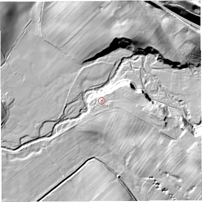Shaded relief map of the ground around CA101SP, computed from Environment Agency LiDAR. The ground here sits at about 107 m above sea level and falls 60 m across the surrounding 800 m. Surface water reaching this point runs off ground lying to the east, 9.1 m higher.