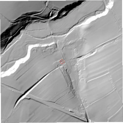 Shaded relief map of the ground around CA101TB, computed from Environment Agency LiDAR. The ground here sits at about 125 m above sea level and falls 45 m across the surrounding 800 m. Surface water reaching this point runs off ground lying to the south-south-west, 10.9 m higher.