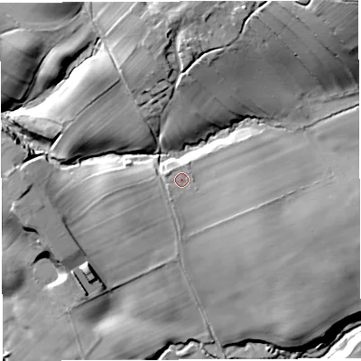 Shaded relief map of the ground around CA101TL, computed from Environment Agency LiDAR. The ground here sits at about 182 m above sea level and falls 43 m across the surrounding 800 m. Surface water reaching this point runs off ground lying to the east, 1.2 m higher.