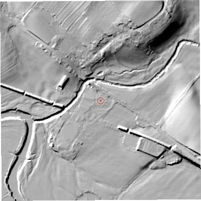 Shaded relief map of the ground around CA101UZ, computed from Environment Agency LiDAR. The ground here sits at about 105 m above sea level and falls 20 m across the surrounding 800 m. Surface water reaching this point runs off ground lying to the east, 0.5 m higher.