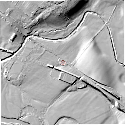 Shaded relief map of the ground around CA101XD, computed from Environment Agency LiDAR. The ground here sits at about 105 m above sea level and falls 18 m across the surrounding 800 m. Surface water reaching this point runs off ground lying to the east, 10.1 m higher.