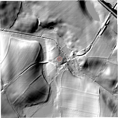 Shaded relief map of the ground around CA101XS, computed from Environment Agency LiDAR. The ground here sits at about 113 m above sea level and falls 46 m across the surrounding 800 m. Surface water reaching this point runs off ground lying to the south-south-east, 2.0 m higher.