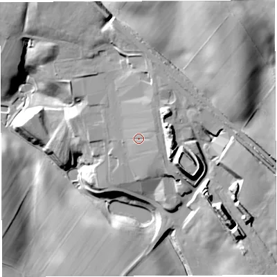 Shaded relief map of the ground around CA101XU, computed from Environment Agency LiDAR. The ground here sits at about 132 m above sea level and falls 39 m across the surrounding 800 m. Surface water reaching this point runs off ground lying to the east, 3.4 m higher.