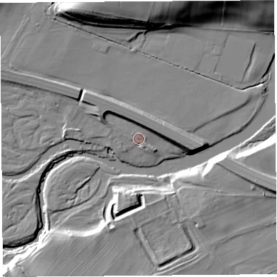 Shaded relief map of the ground around CA102AA, computed from Environment Agency LiDAR. The ground here sits at about 111 m above sea level and falls 21 m across the surrounding 800 m. Surface water reaching this point runs off ground lying to the east-north-east, 5.1 m higher.