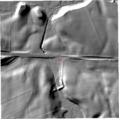 Shaded relief map of the ground around CA102AB, computed from Environment Agency LiDAR. The ground here sits at about 110 m above sea level and falls 23 m across the surrounding 800 m. Surface water reaching this point runs off ground lying to the south-south-west, 18.7 m higher.
