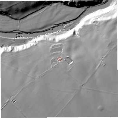 Shaded relief map of the ground around CA102AR, computed from Environment Agency LiDAR. The ground here sits at about 123 m above sea level and falls 44 m across the surrounding 800 m. Surface water reaching this point runs off ground lying to the south-east, 9.5 m higher.