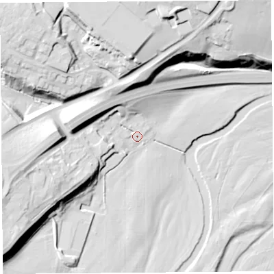 Shaded relief map of the ground around CA102AU, computed from Environment Agency LiDAR. The ground here sits at about 116 m above sea level and falls 31 m across the surrounding 800 m. Surface water reaching this point runs off ground lying to the west-north-west, 13.5 m higher.