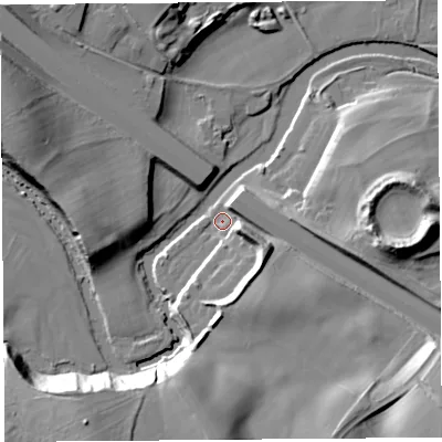 Shaded relief map of the ground around CA102AY, computed from Environment Agency LiDAR. The ground here sits at about 122 m above sea level and falls 24 m across the surrounding 800 m. Surface water reaching this point runs off ground lying to the south, 19.1 m higher.