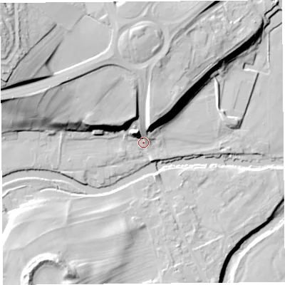 Shaded relief map of the ground around CA102BD, computed from Environment Agency LiDAR. The ground here sits at about 120 m above sea level and falls 35 m across the surrounding 800 m. Surface water reaching this point runs off ground lying to the west-north-west, 19.7 m higher.